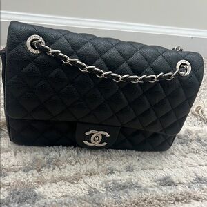 CC Boutique Black Quilted Shoulder Bag with Silver Chain